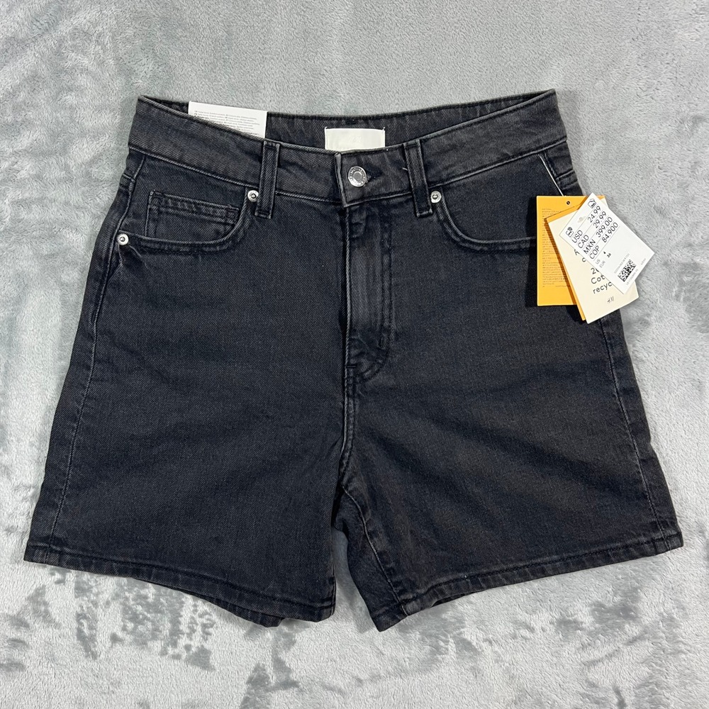 H&M High Waist Denim Shorts Womens Size 4 Washed Black Recycled Cotton Blend NWT